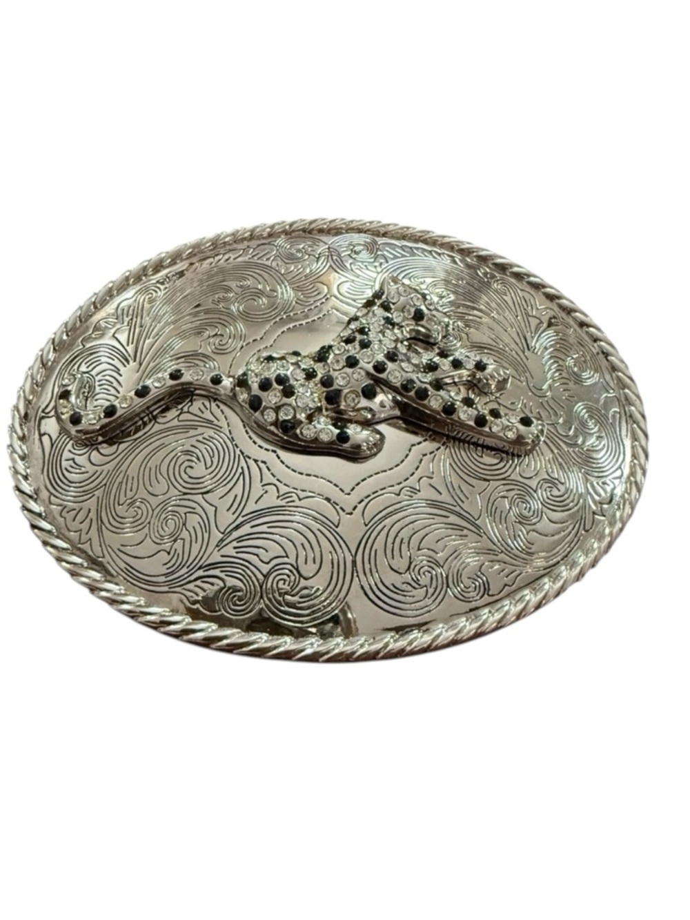 Vintage Panther Big Cat Silver Tone Oval Belt Buckle Bling Maximalism Bejeweled